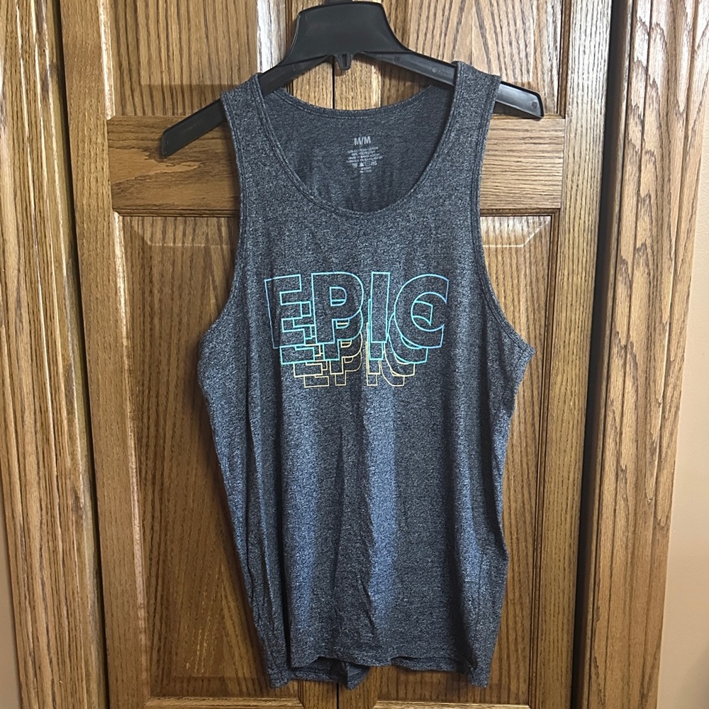 Dark Gray Tank Top with Teal and Yellow 'EPIC' Graphic
